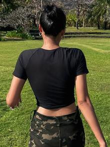 DAZY Slogan Graphic Raglan Sleeve Crop Tee - Black - View 8