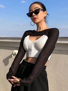 DAZY Áo crop top trơn không có áo hai dây dài tay cho nữ - màu đen - Xem 7