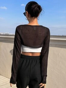 DAZY Áo crop top trơn không có áo hai dây dài tay cho nữ - màu đen - Xem 9
