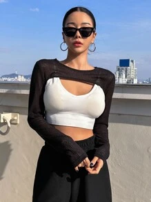 DAZY Áo crop top trơn không có áo hai dây dài tay cho nữ - màu đen - Xem 3