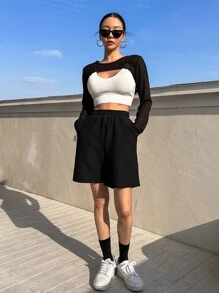 DAZY Áo crop top trơn không có áo hai dây dài tay cho nữ - màu đen - Xem 4