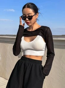DAZY Áo crop top trơn không có áo hai dây dài tay cho nữ - màu đen - Xem 5