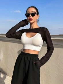 DAZY Áo crop top trơn không có áo hai dây dài tay cho nữ - màu đen - Xem 6