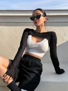DAZY Áo crop top trơn không có áo hai dây dài tay cho nữ - màu đen - Xem 8