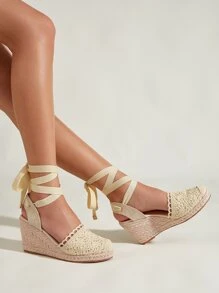 女士腿部繫帶設計編織坡跟度假織物條帶淺口坡跟鞋適用於戶外 - 杏色 - 查看 2