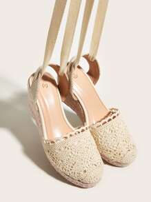 女士腿部繫帶設計編織坡跟度假織物條帶淺口坡跟鞋適用於戶外 - 杏色 - 查看 5