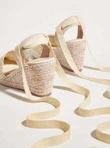 女士腿部繫帶設計編織坡跟度假織物條帶淺口坡跟鞋適用於戶外 - 杏色 - 查看 6