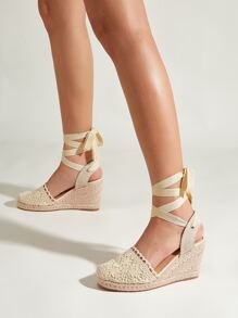 女士腿部繫帶設計編織坡跟度假織物條帶淺口坡跟鞋適用於戶外 - 杏色 - 查看 7