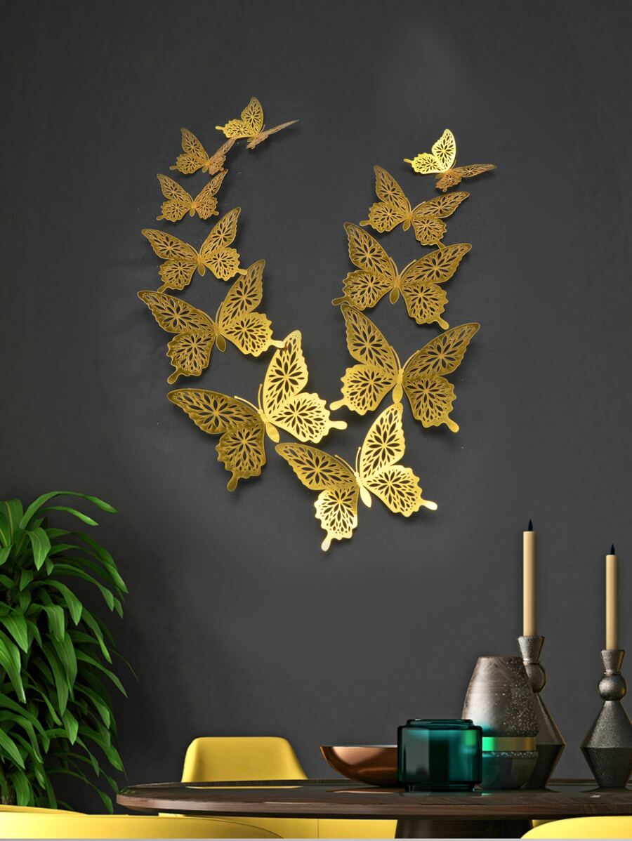 12pcs 3D Butterfly Sticker,Stickers,Wall Decal, Vinyl Decal For Home Decorations,Spring Decoration Items Refresh Your Home,Rama Decoration Stickers Gifts Birthday Graduation - Gold - View 1
