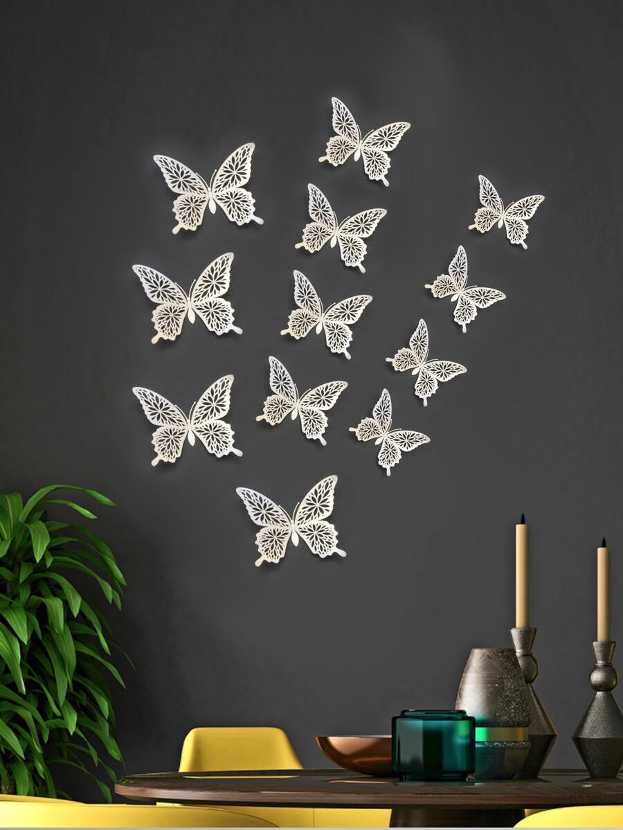12 cái 3D Kim loại rỗng Hình dán bướm - Bạc - Xem 1