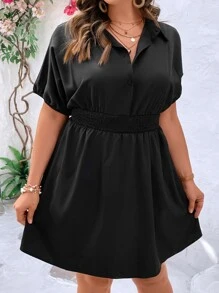 SHEIN LUNE Plus Batwing Sleeve Elastic Waist Shirt Dress - Black - View 6