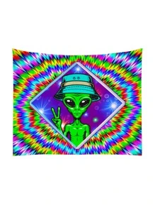 1入組織物掛毯現代主義外星人印花掛毯海報壁掛適合臥室美學 - 彩色 - 查看 2