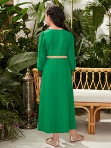 Girls 1pc Contrast Tape Puff Sleeve Dress - Green - View 2