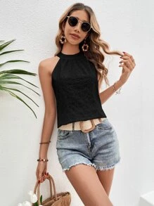 SHEIN VCAY Solid Keyhole Back Halter Neck Blouse - Black - View 5