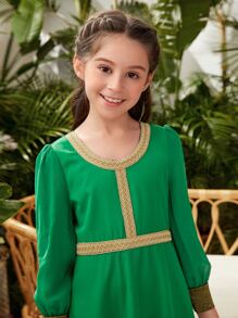 Girls 1pc Contrast Tape Puff Sleeve Dress - Green - View 5