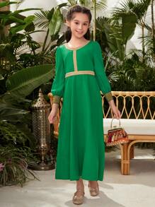 Girls 1pc Contrast Tape Puff Sleeve Dress - Green - View 7