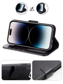 Arae 1入組黑色 PU 皮革手機殼附卡槽、腕帶和錢袋，相容於 15promax/14/13/12/11/xr/xs/x/7/8/se2/se3 - 黑色 - 查看 2