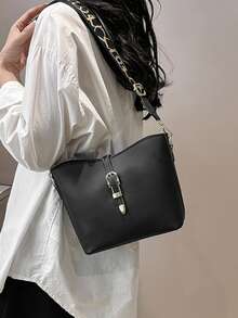 Letter Graphic Buckle Decor Bucket Bag - Black - View 2