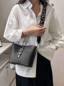 Letter Graphic Buckle Decor Bucket Bag - Black - View 4