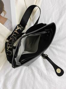 Letter Graphic Buckle Decor Bucket Bag - Black - View 5
