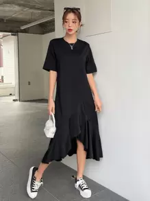 DAZY Chất rắn Xù Hoa Sen Váy áo thun - màu đen - Xem 1
