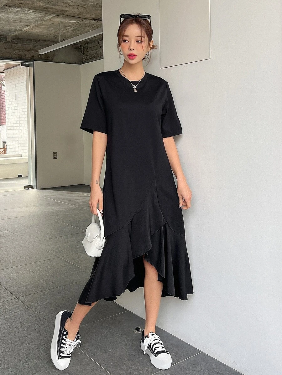 DAZY Chất rắn Xù Hoa Sen Váy áo thun - màu đen - Xem 1