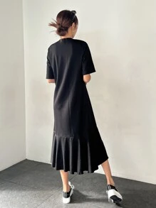 DAZY Chất rắn Xù Hoa Sen Váy áo thun - màu đen - Xem 2