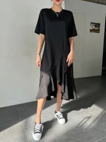 DAZY Chất rắn Xù Hoa Sen Váy áo thun - màu đen - Xem 3