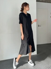 DAZY Chất rắn Xù Hoa Sen Váy áo thun - màu đen - Xem 4