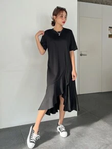 DAZY Chất rắn Xù Hoa Sen Váy áo thun - màu đen - Xem 5