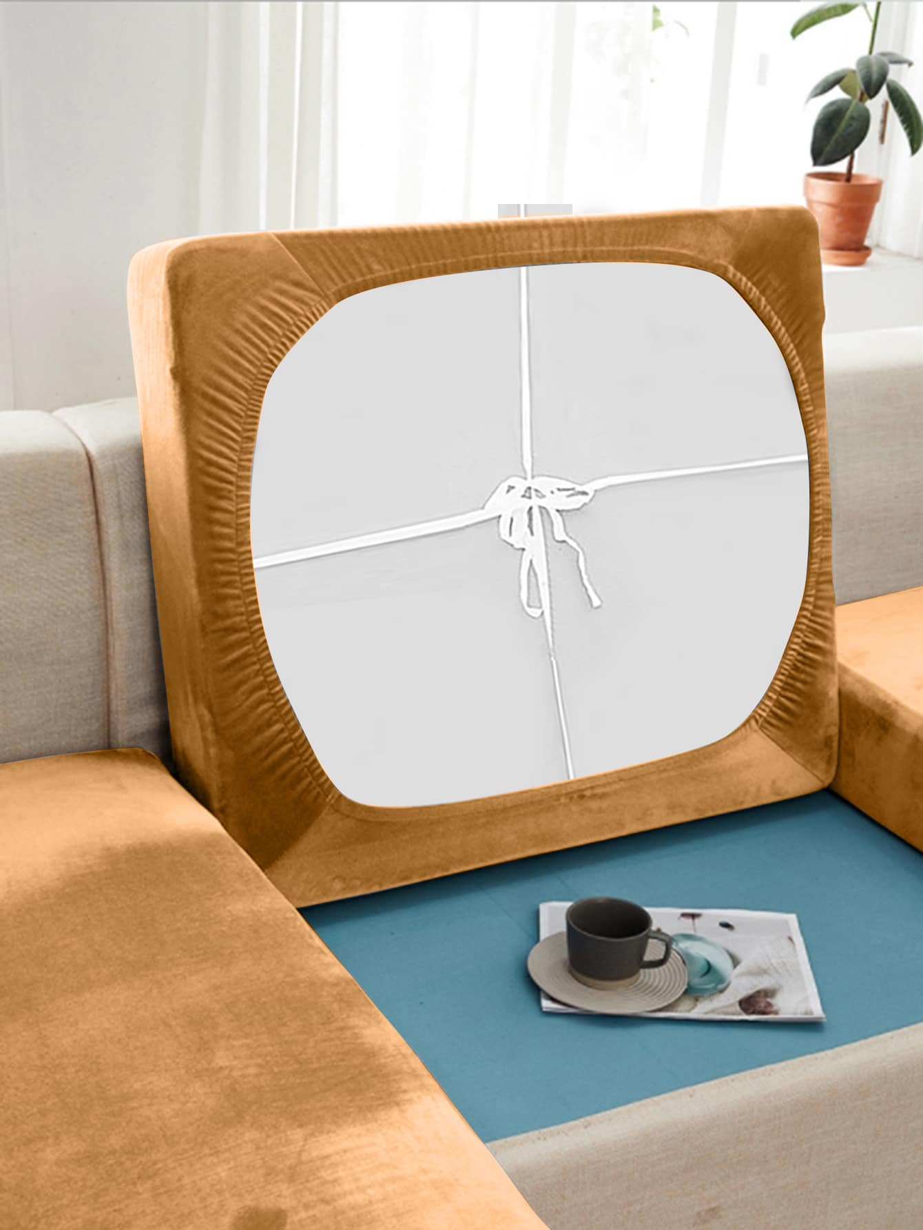 1件装银狐毛绒弹力沙发坐垫套，家具保护套，宠物友好，适用于客厅和卧室，1/2/3人座 - 駝色 - 查看 1