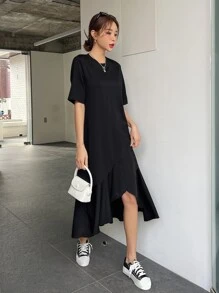 DAZY Chất rắn Xù Hoa Sen Váy áo thun - màu đen - Xem 6