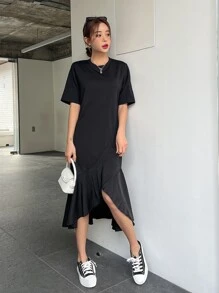 DAZY Chất rắn Xù Hoa Sen Váy áo thun - màu đen - Xem 7