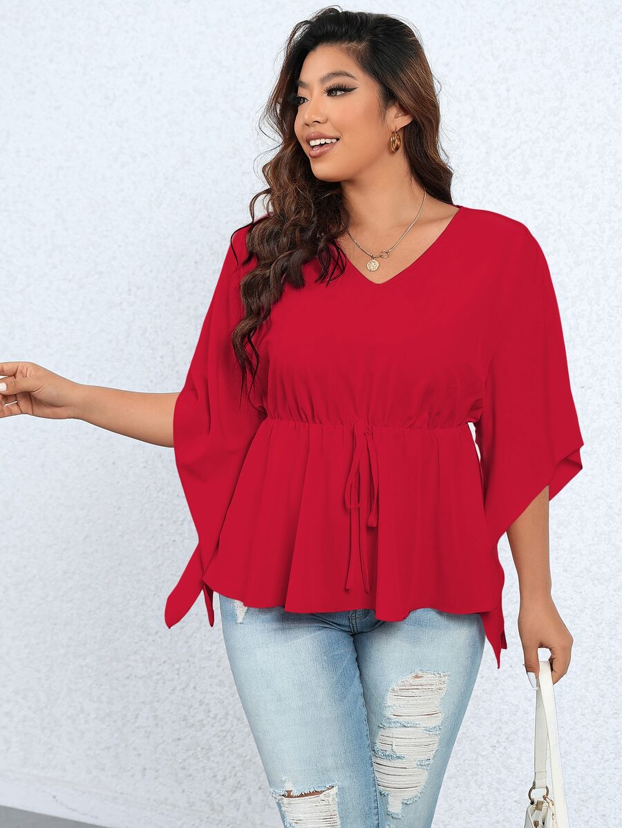 Celure Plus Solid Flounce Sleeve Peplum Blouse - Burgundy - View 1