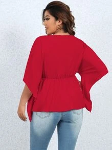 Celure Plus Solid Flounce Sleeve Peplum Blouse - Burgundy - View 2