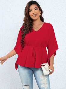 Celure Plus Solid Flounce Sleeve Peplum Blouse - Burgundy - View 3