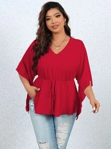 Celure Plus Solid Flounce Sleeve Peplum Blouse - Burgundy - View 4