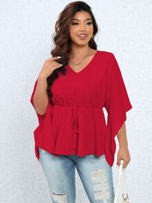 Celure Plus Solid Flounce Sleeve Peplum Blouse - Burgundy - View 5