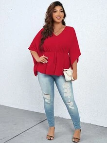 Celure Plus Solid Flounce Sleeve Peplum Blouse - Burgundy - View 6