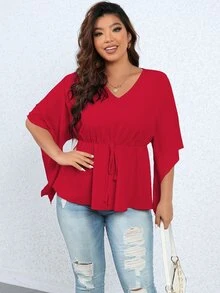 Celure Plus Solid Flounce Sleeve Peplum Blouse - Burgundy - View 7