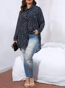 SHEIN LUNE Plus Allover Heart Print High Low Hem Shirt - Black - View 1