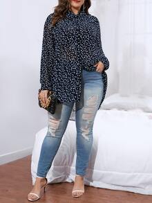 SHEIN LUNE Plus Allover Heart Print High Low Hem Shirt - Black - View 4