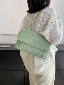 簡約時尚綠色PU翻蓋金色大容量小眾幾何優雅知性包女包繡線金屬鏈條單肩包 - 綠色 - 查看 2