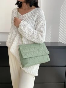 簡約時尚綠色PU翻蓋金色大容量小眾幾何優雅知性包女包繡線金屬鏈條單肩包 - 綠色 - 查看 1