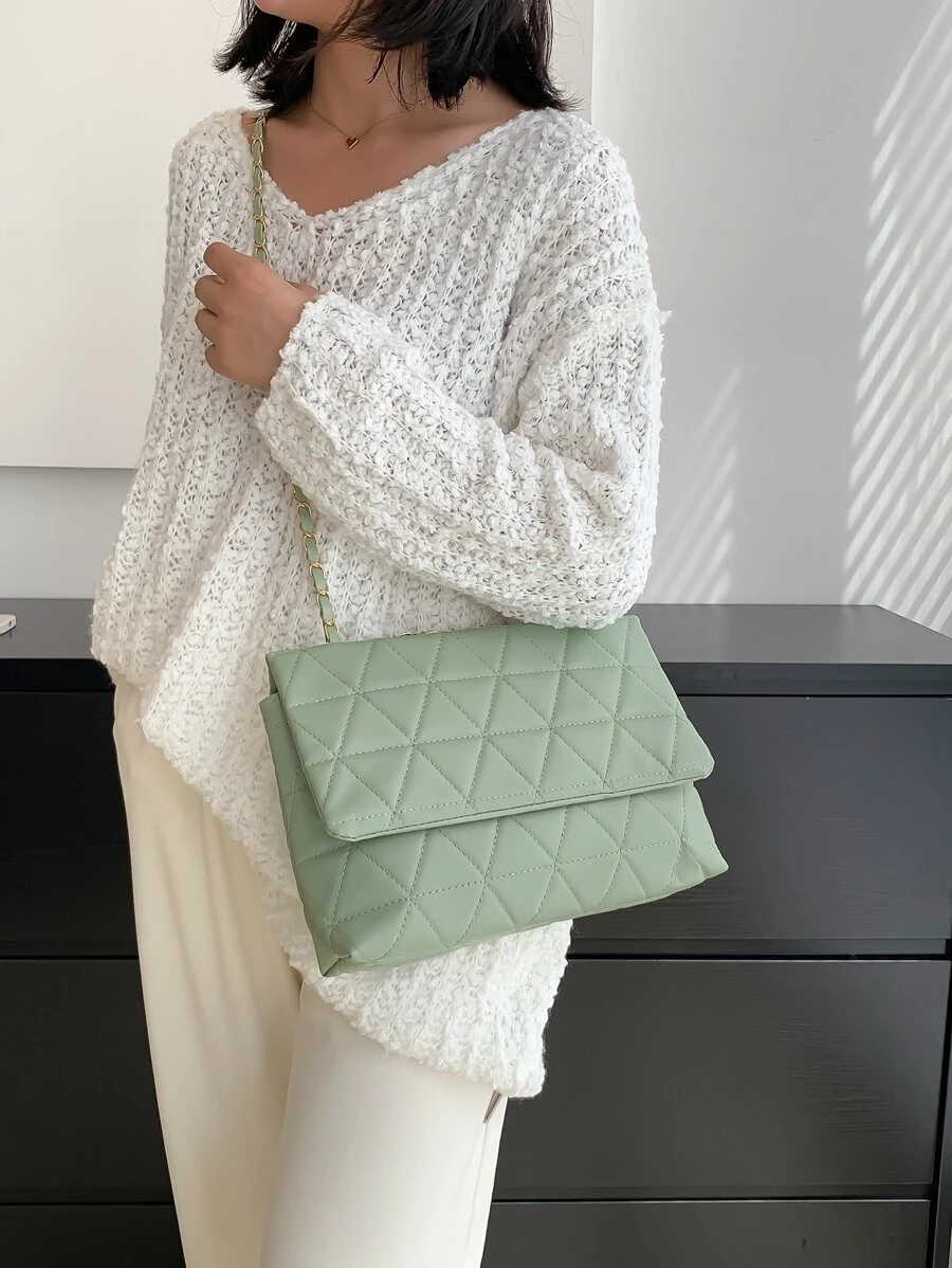 簡約時尚綠色PU翻蓋金色大容量小眾幾何優雅知性包女包繡線金屬鏈條單肩包 - 綠色 - 查看 1