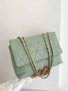 簡約時尚綠色PU翻蓋金色大容量小眾幾何優雅知性包女包繡線金屬鏈條單肩包 - 綠色 - 查看 3
