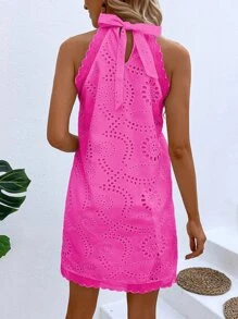 Breezaya Eyelet Embroidery Scallop Trim Halter Neck Dress Vacation Beach Outfits Women - Hot Pink - View 2