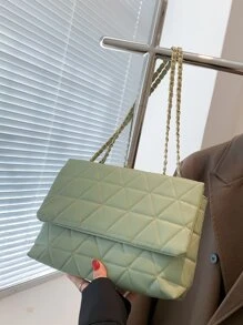 簡約時尚綠色PU翻蓋金色大容量小眾幾何優雅知性包女包繡線金屬鏈條單肩包 - 綠色 - 查看 4