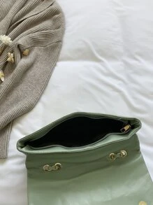 簡約時尚綠色PU翻蓋金色大容量小眾幾何優雅知性包女包繡線金屬鏈條單肩包 - 綠色 - 查看 5