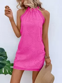 Breezaya Eyelet Embroidery Scallop Trim Halter Neck Dress Vacation Beach Outfits Women - Hot Pink - View 3